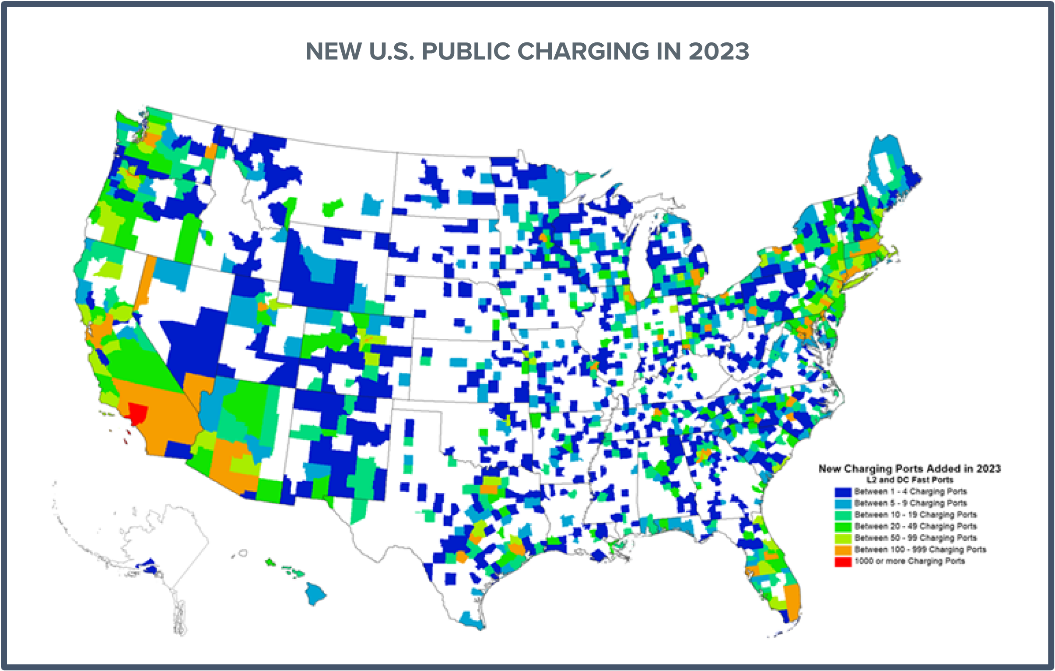 A map of the united states displaying New U.S. Public Charging in 2023